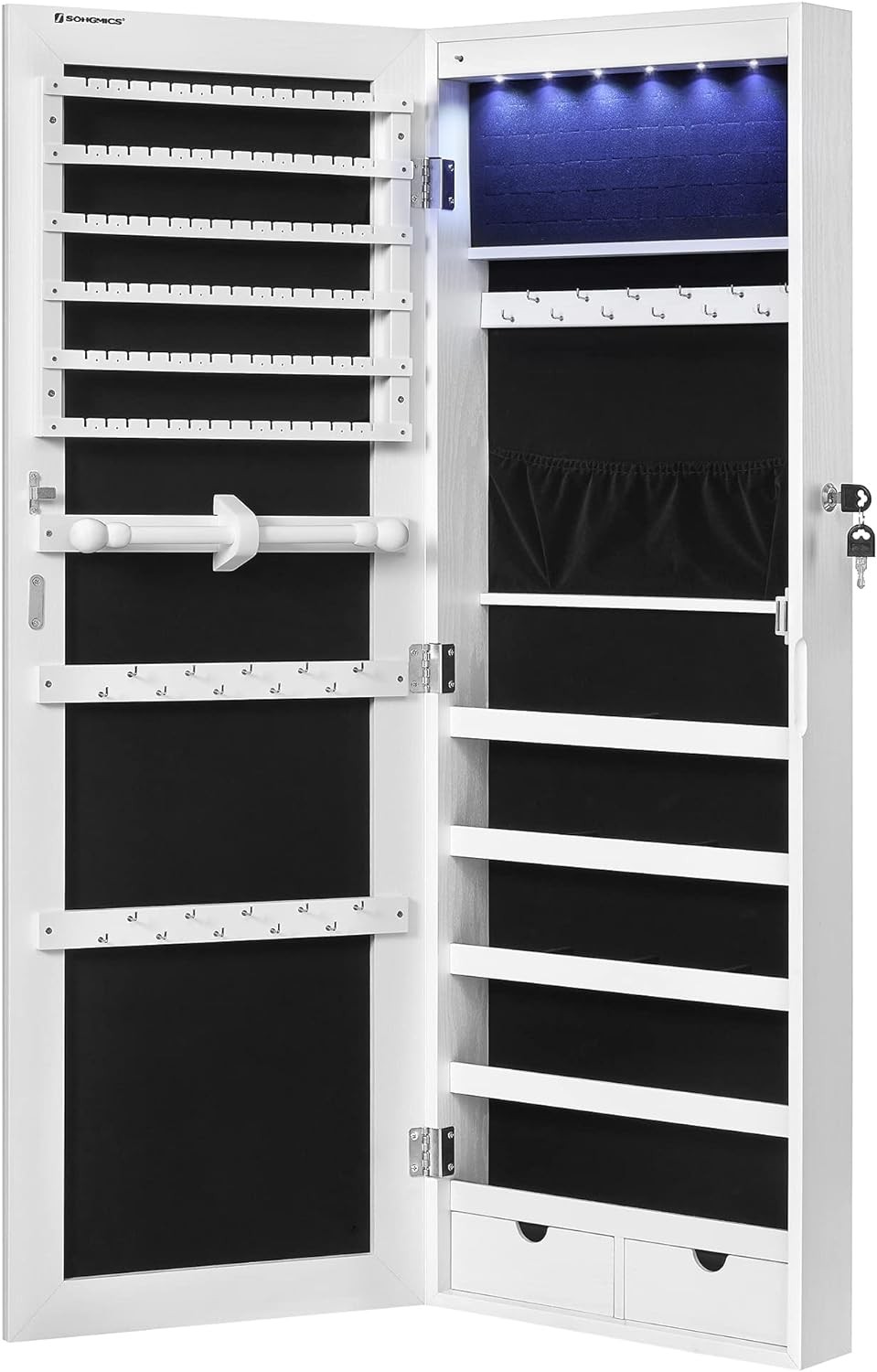 Pakabinama papuošalų spintelė su veidrodžiu ir LED apšvietimu, balta, 37 × 9,3 × 108 cm