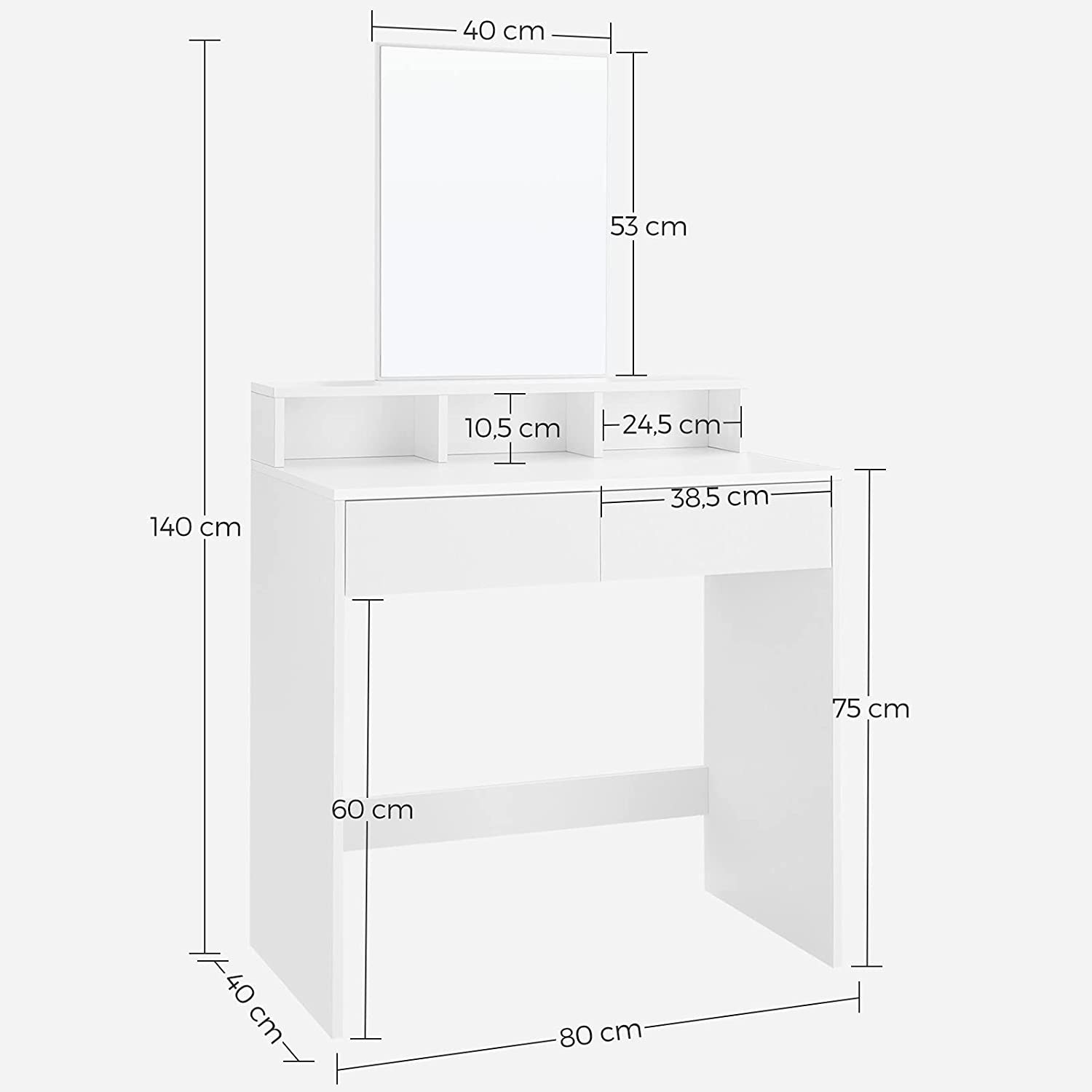 Kosmetinis staliukas su veidrodžiu ir 2 stalčiais, baltas, 80 x 40 x 140 cm 2