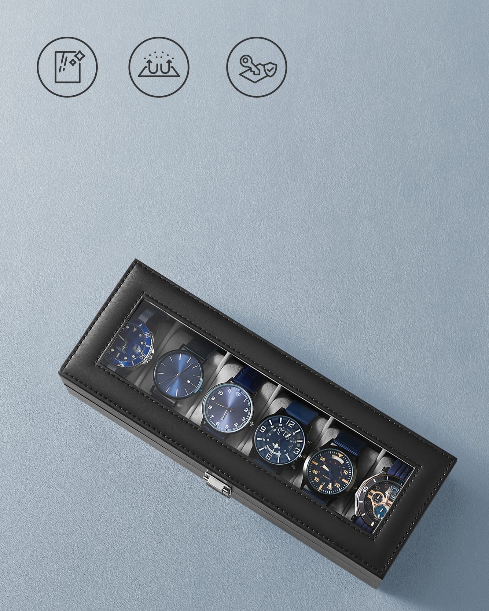 Laikrodžių dėžutė 6 laikrodžiams su skaidriu dangčiu, juoda, 30 × 11,2 × 8 cm 3