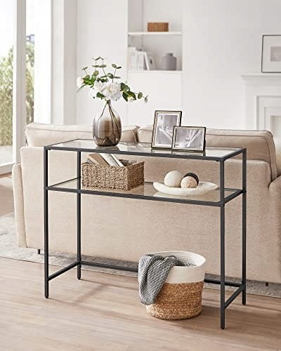 Konsolinis stalas su grūdinto stiklo lentynomis ir plieniniu rėmu, juodas, 100 × 35 × 80 cm