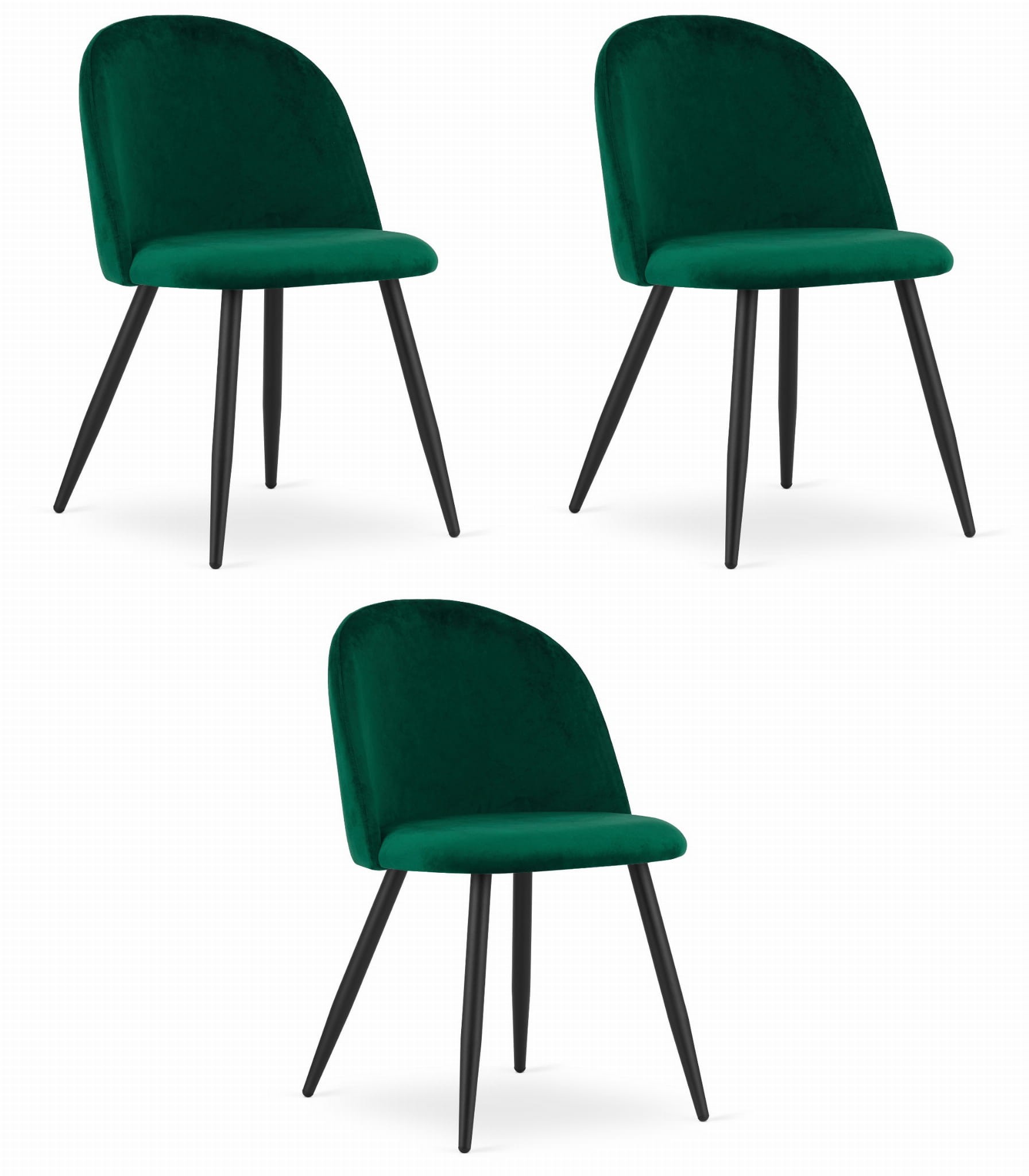 Kėdžių komplektas BELLO, žalias aksomas, juodos metalinės kojos, 76,5 cm, 3 vnt.