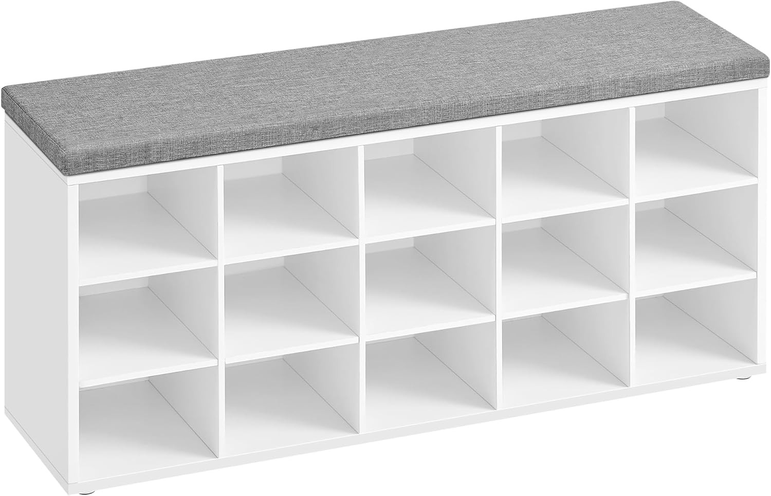 Batų suoliukas su minkšta sėdyne ir 15 skyrių, baltas/pilkas, 105 × 30 × 48 cm