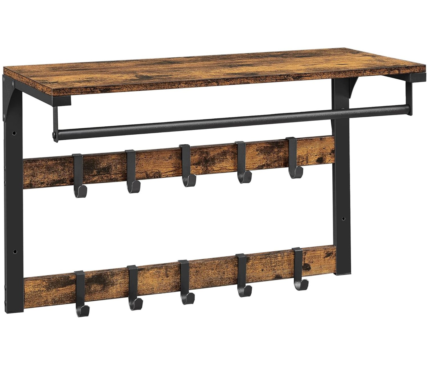 Sieninė lentyna su 10 kabliukų ir skersiniu, ruda / juoda, 80 × 30 × 42 cm