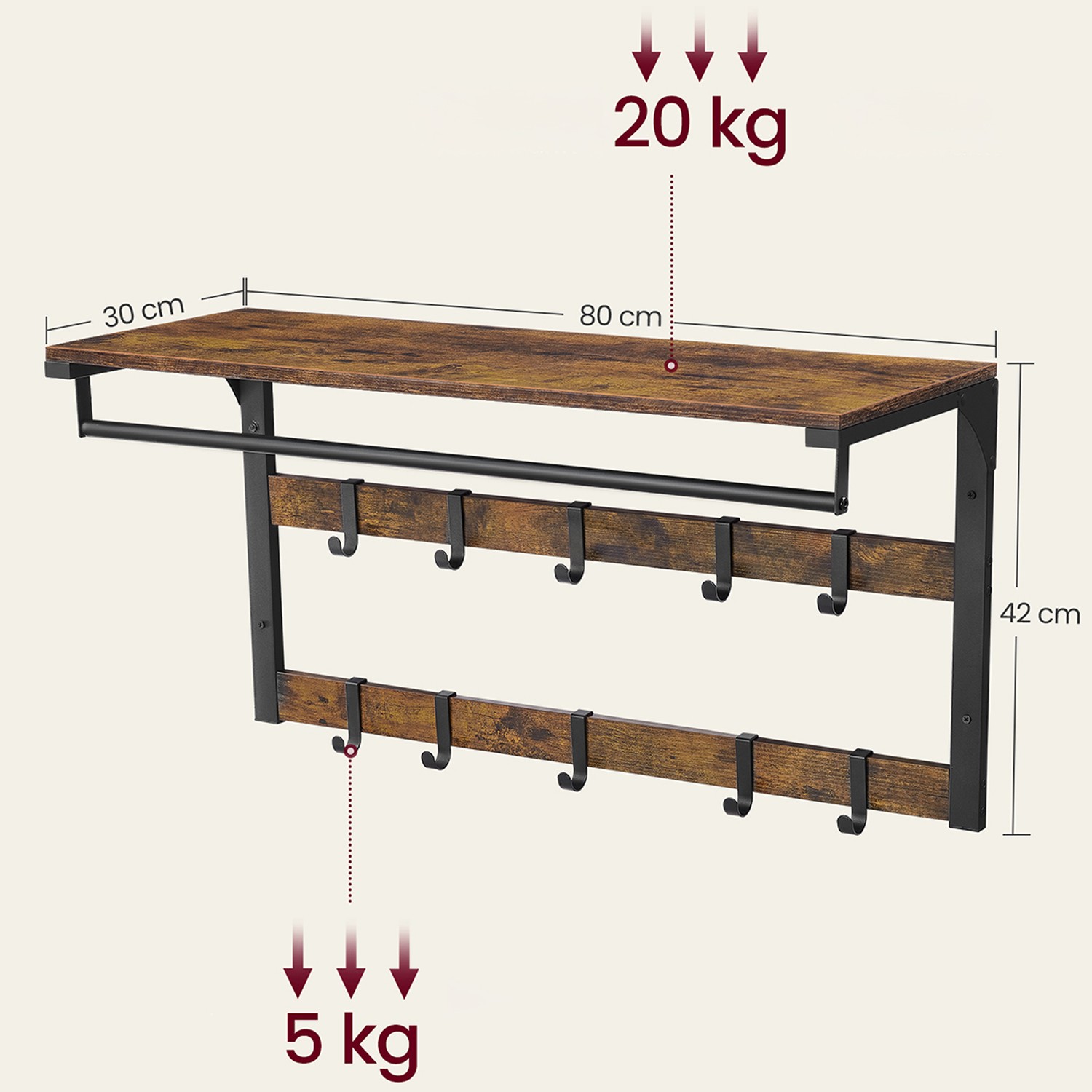 Sieninė lentyna su 10 kabliukų ir skersiniu, ruda / juoda, 80 × 30 × 42 cm 2