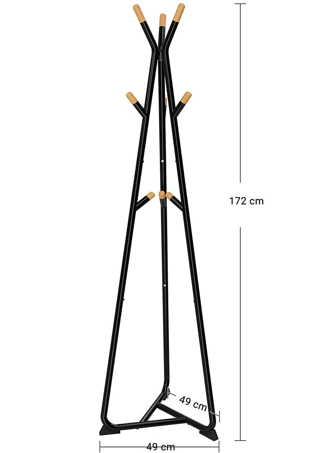 Pastatoma drabužių kabykla su 9 kabliukais ir trikampiu pagrindu, juoda ir natūralios medienos spalvos, 49 × 49 × 172 cm 2
