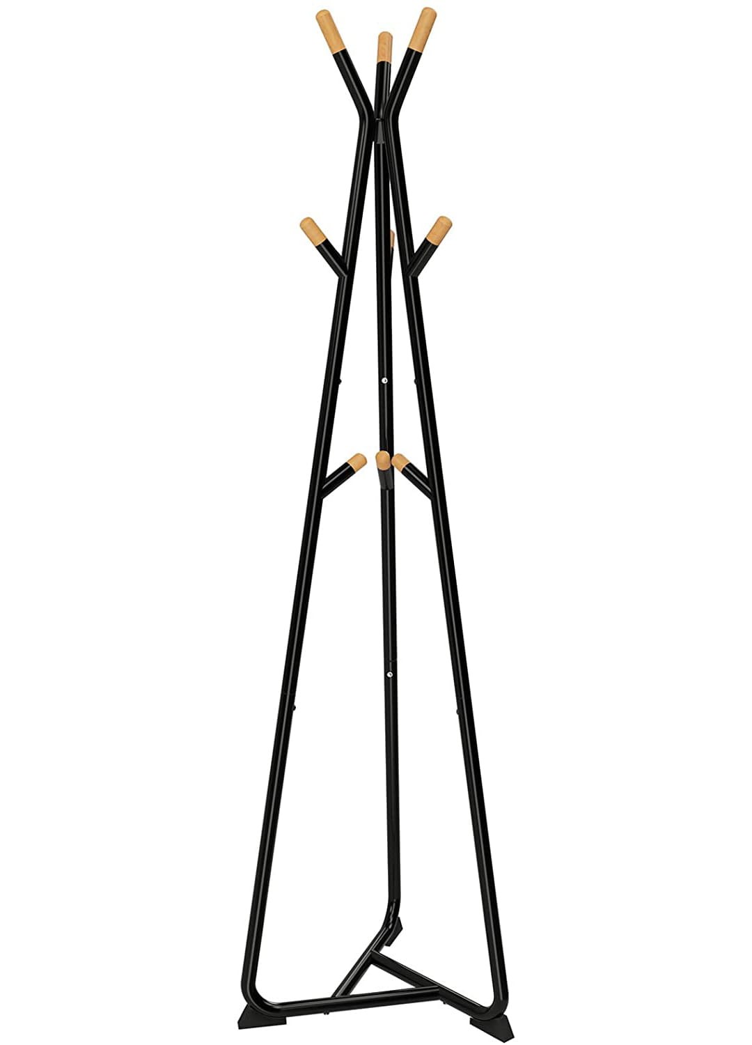 Pastatoma drabužių kabykla su 9 kabliukais ir trikampiu pagrindu, juoda ir natūralios medienos spalvos, 49 × 49 × 172 cm