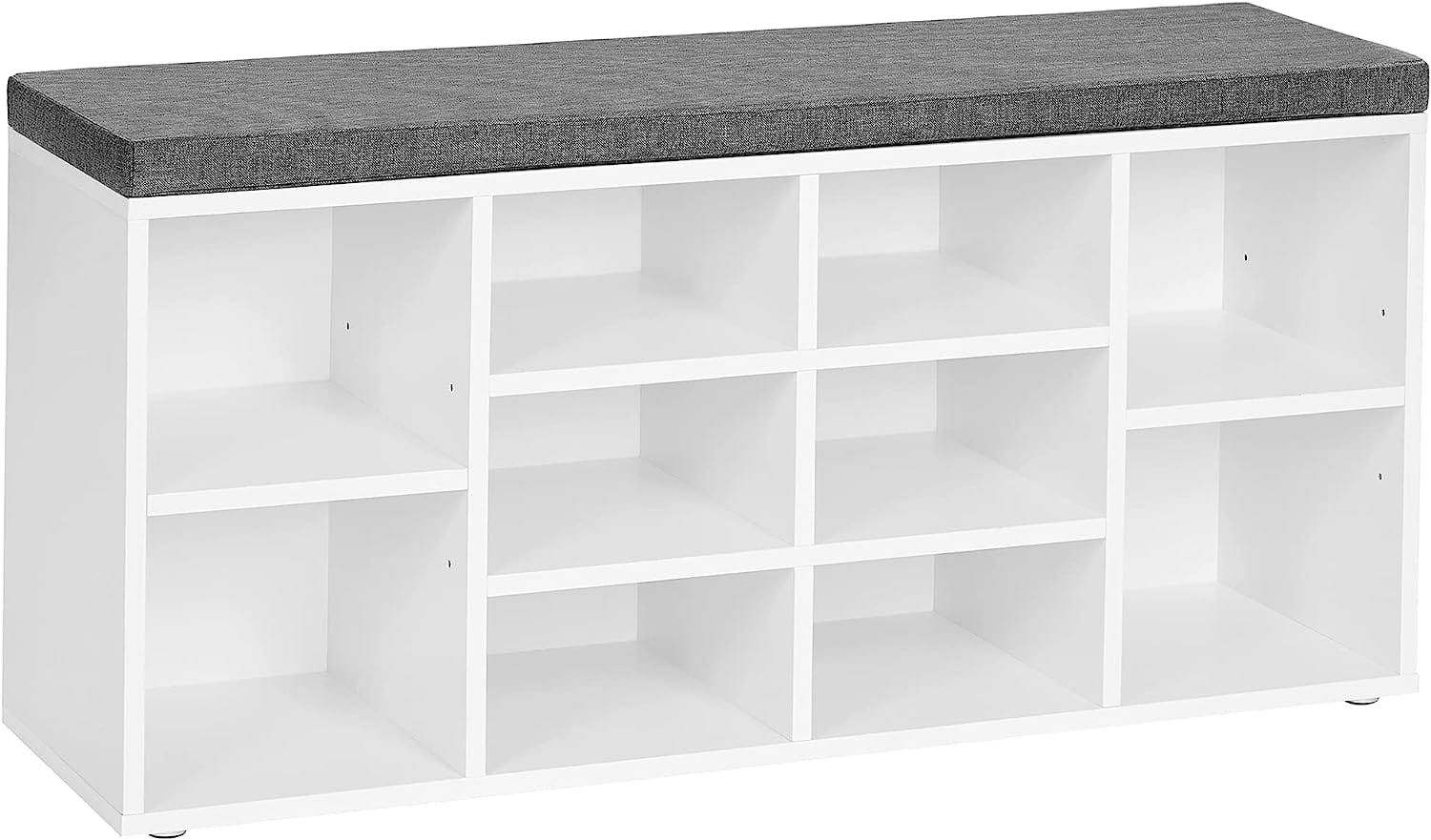 Batų lentyna su minkšta sėdyne ir 10 lentynų, balta ir pilka, 104 × 30 × 48 cm