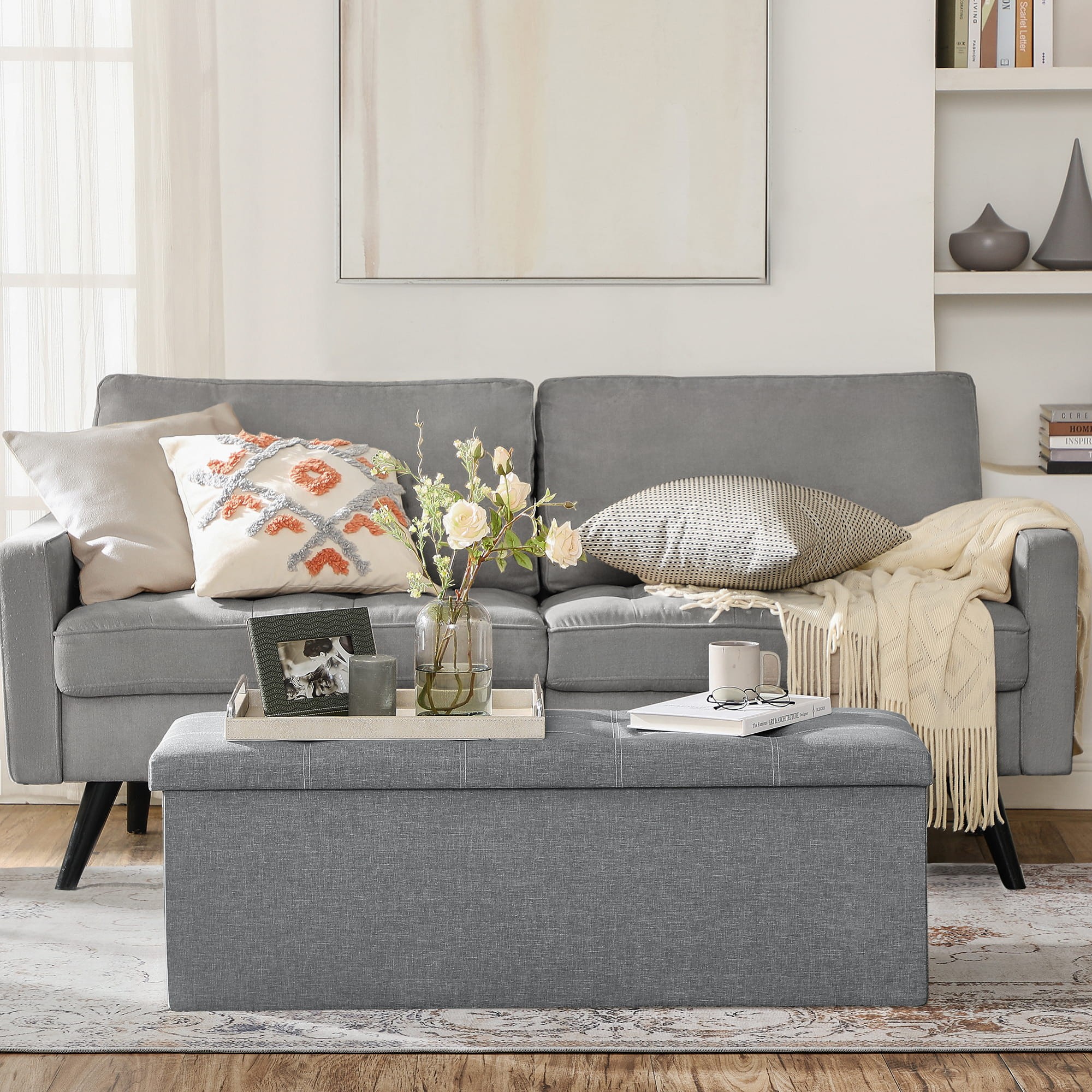 Pufas su daiktadėže, sulankstomas, šviesiai pilkas, 110 x 38 x 38 cm 2