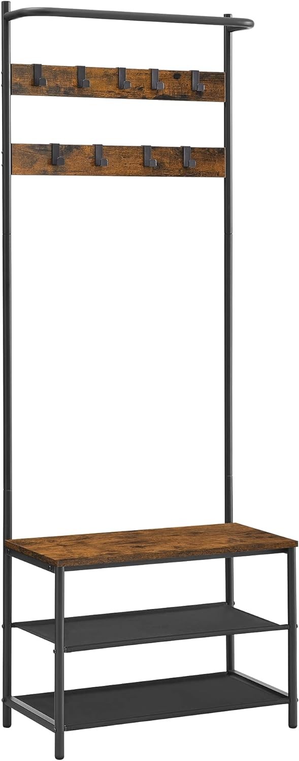 Drabužių kabykla su sėdyne ir 2 batų lentynomis, rusvai juoda, 64 x 32,2 x 180 cm