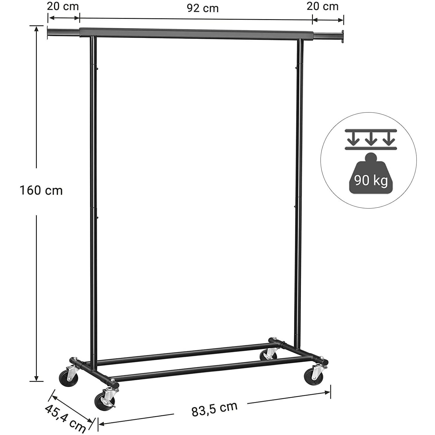 Drabužių kabykla su ratukais ir reguliuojamu pločiu, juoda, 92–132 x 45,4 x 160 cm 2