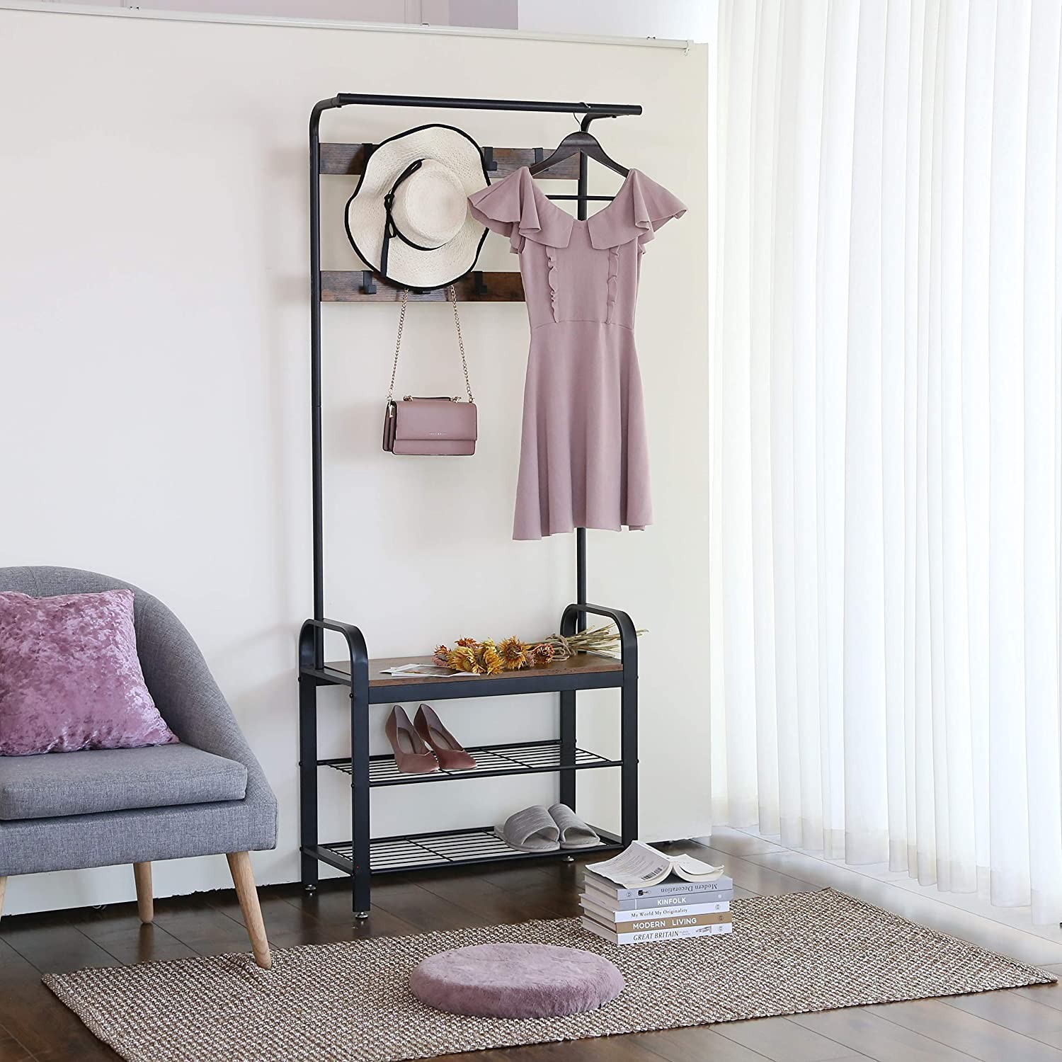 Drabužių kabykla su sėdyne ir 2 batų lentynomis, ruda ir juoda, 72 × 33,7 × 183 cm 3