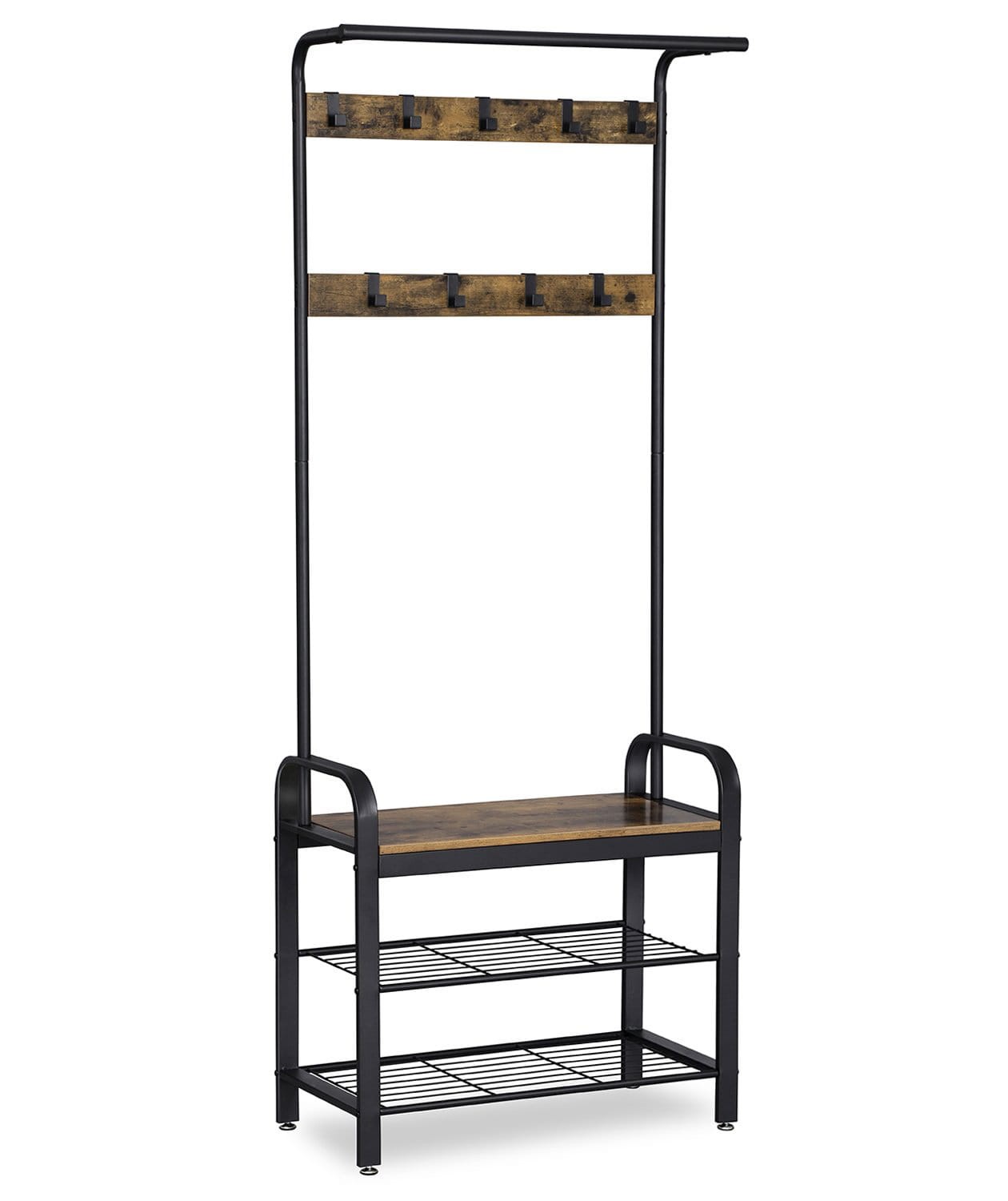 Drabužių kabykla su sėdyne ir 2 batų lentynomis, ruda ir juoda, 72 × 33,7 × 183 cm