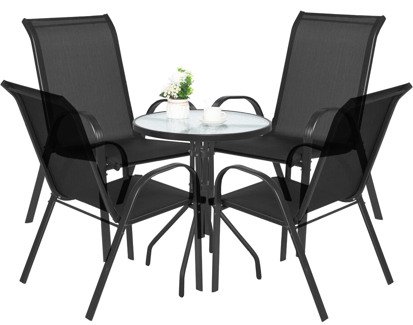 Lauko baldų komplektas su apvaliu stalu ir 4 kėdėmis, juodas, Ø 60 cm, 5 dalių
