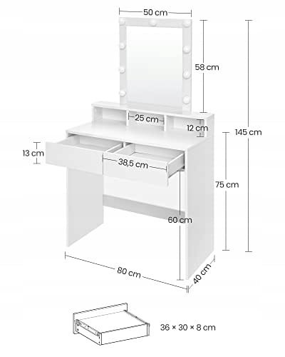 Kosmetinis staliukas su veidrodžiu ir 9 LED lemputėmis, baltas, 80 × 40 × 145 cm 2