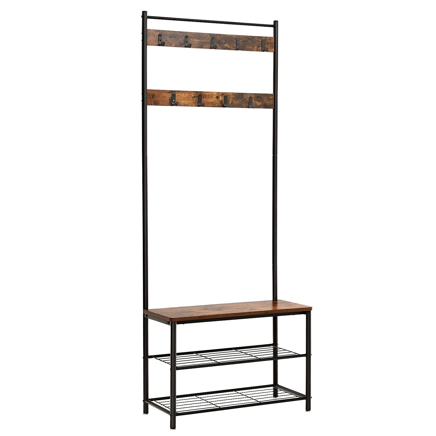 Pastatoma drabužių kabykla su sėdyne ir 2 batų lentynomis, ruda ir juoda, 70 x 32 x 175 cm