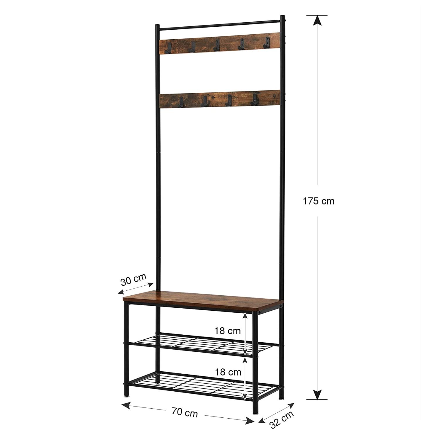 Pastatoma drabužių kabykla su sėdyne ir 2 batų lentynomis, ruda ir juoda, 70 x 32 x 175 cm 2