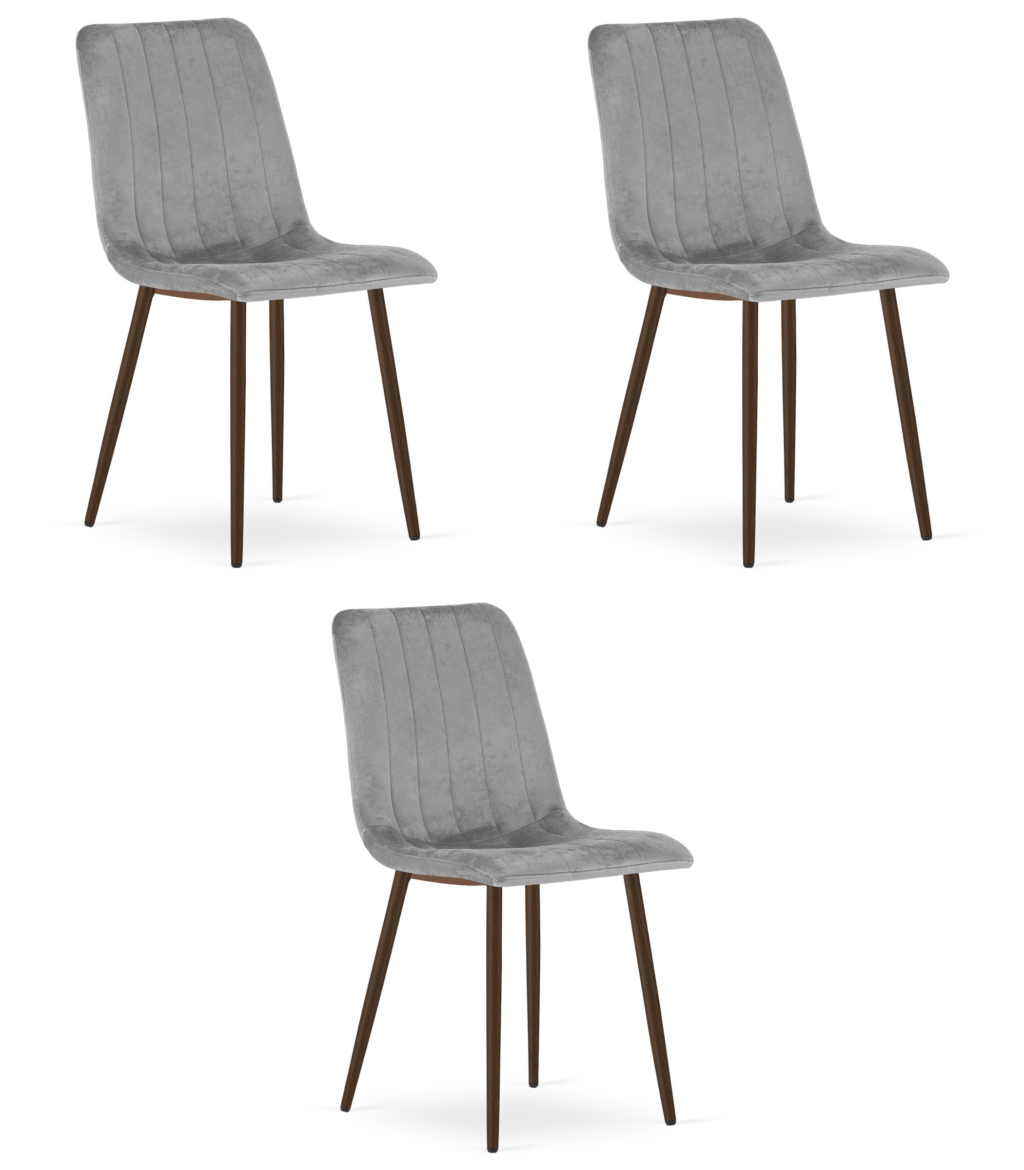 Kėdė su veliūriniu apmušalu ir metalinėmis riešutmedžio rašto kojomis, šviesiai pilka, 86 cm, 3 vnt.