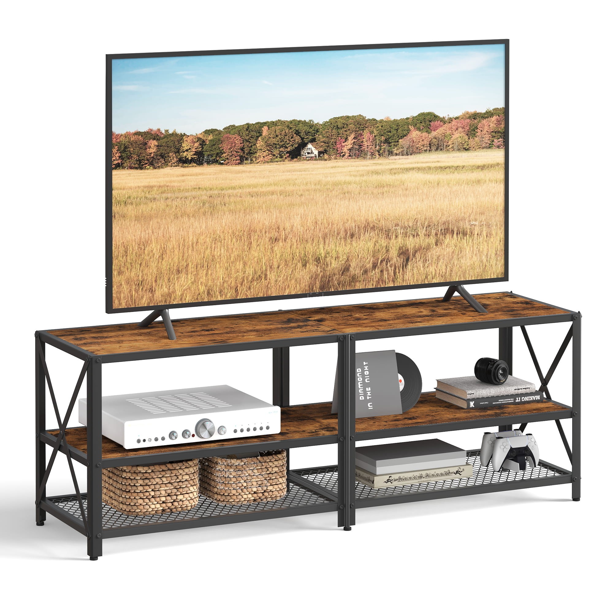 TV staliukas su reguliuojamomis kojelėmis, rudos ir juodos spalvų, 140 x 40 x 52 cm