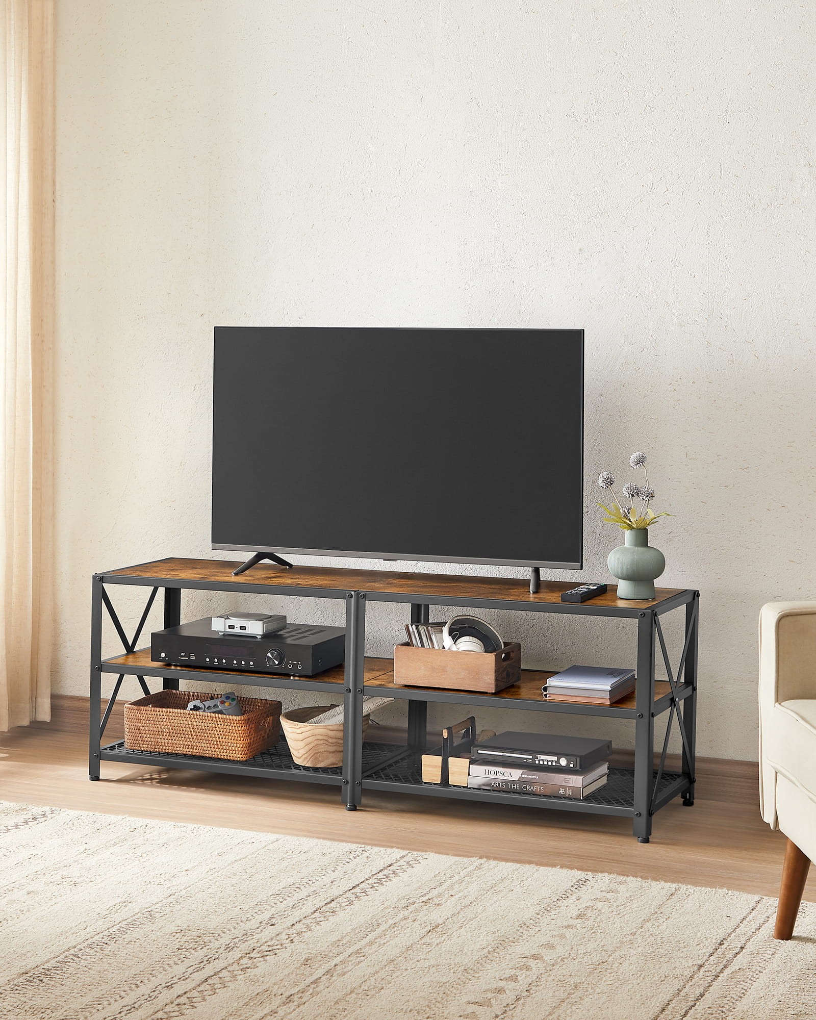 TV staliukas su reguliuojamomis kojelėmis, rudos ir juodos spalvų, 140 x 40 x 52 cm 2