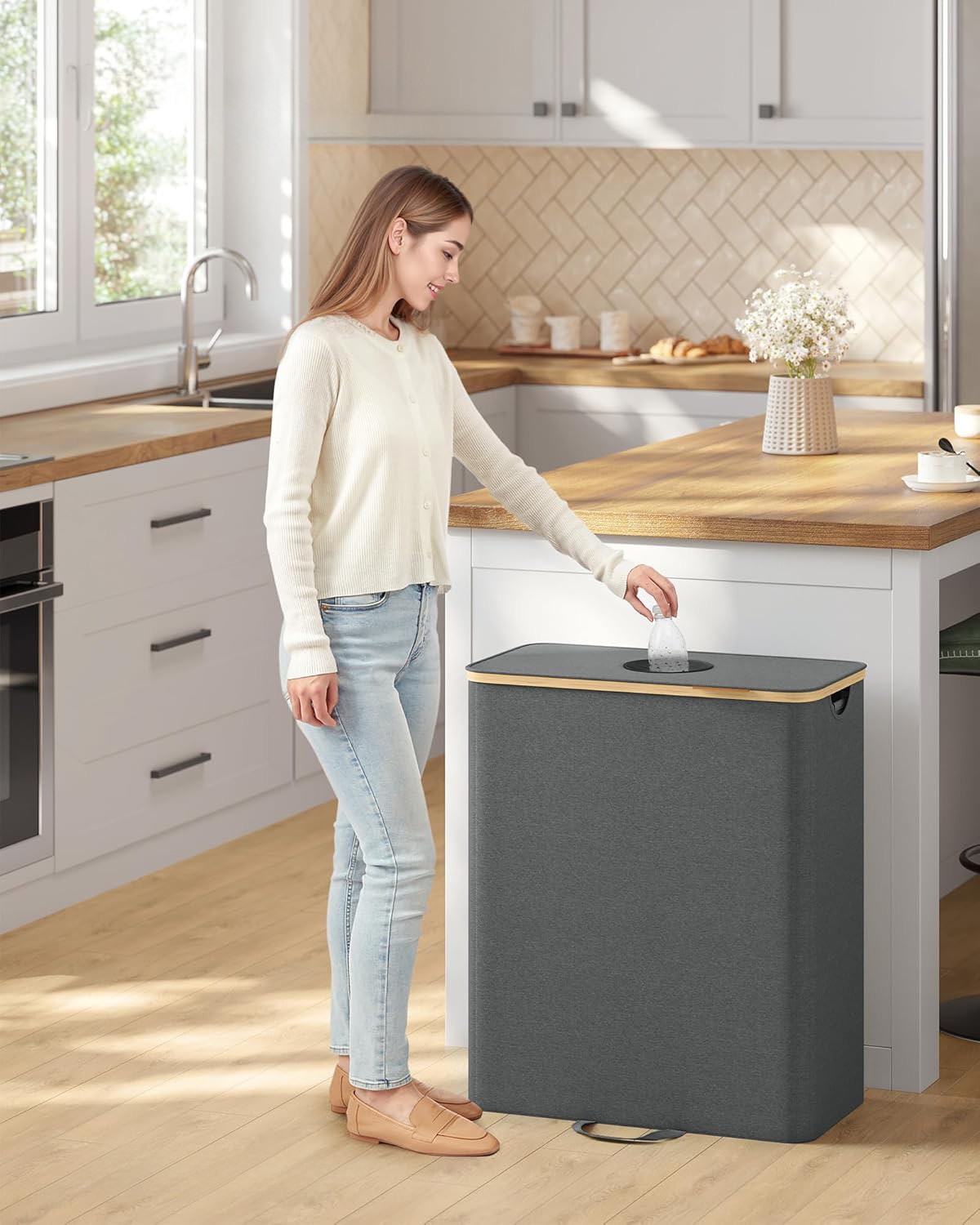 Skalbinių krepšys su išimamu maišu, pilkai smėlinis, 52,5 × 38,5 × 70,5 cm
