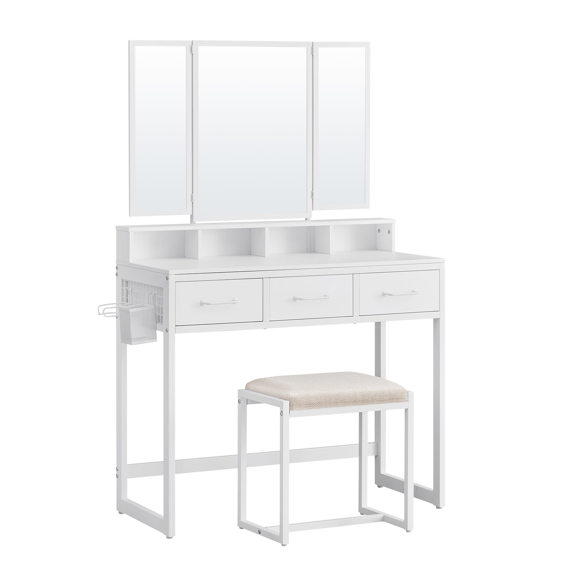 Kosmetinis staliukas su uždaromu veidrodžiu ir taburete, baltas, 90 × 40 × 141 cm