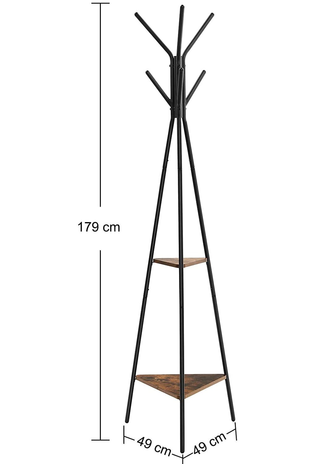 Pastatoma kabykla su 6 kabliukais ir 2 lentynomis, juoda ir ruda, 49 × 49 × 179 cm 2