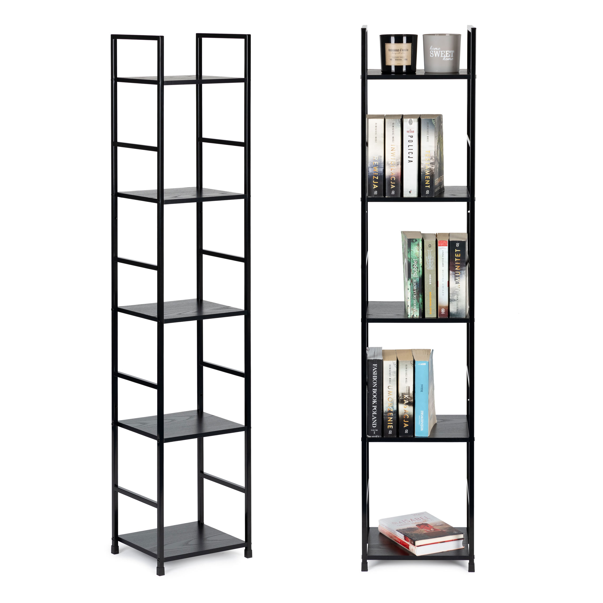 Moderni medinė lentyna, metaliniu rėmu loft, juoda