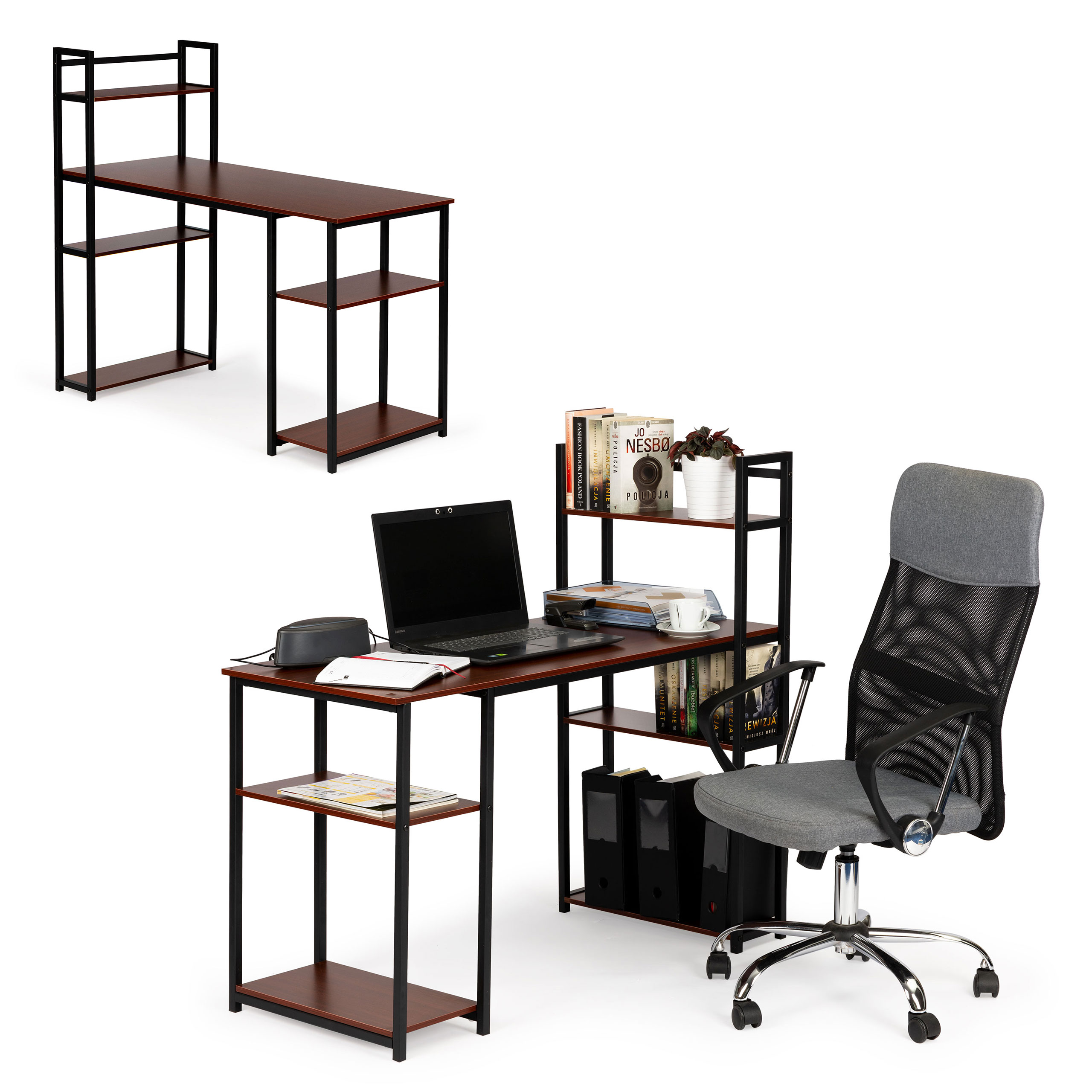 Darvo stalas su lentynomis dark bronze