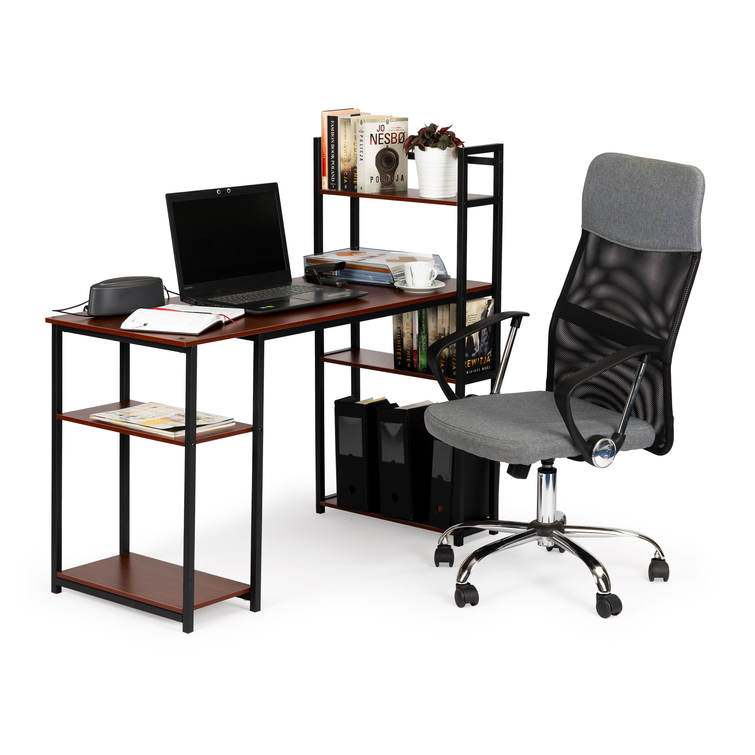 Darvo stalas su lentynomis dark bronze