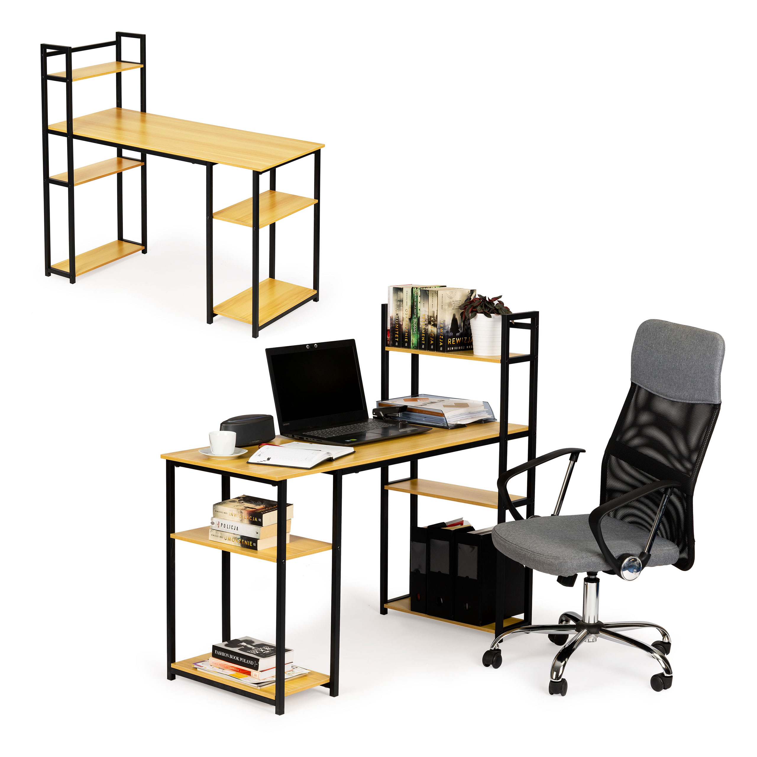 Darbo stalas su lentynomis light oak