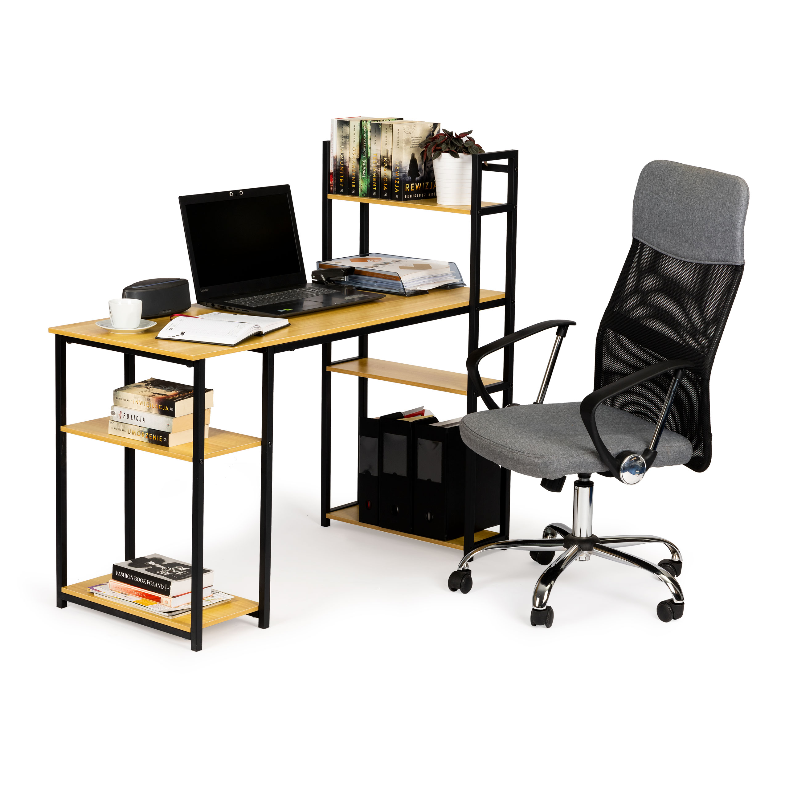 Darbo stalas su lentynomis light oak