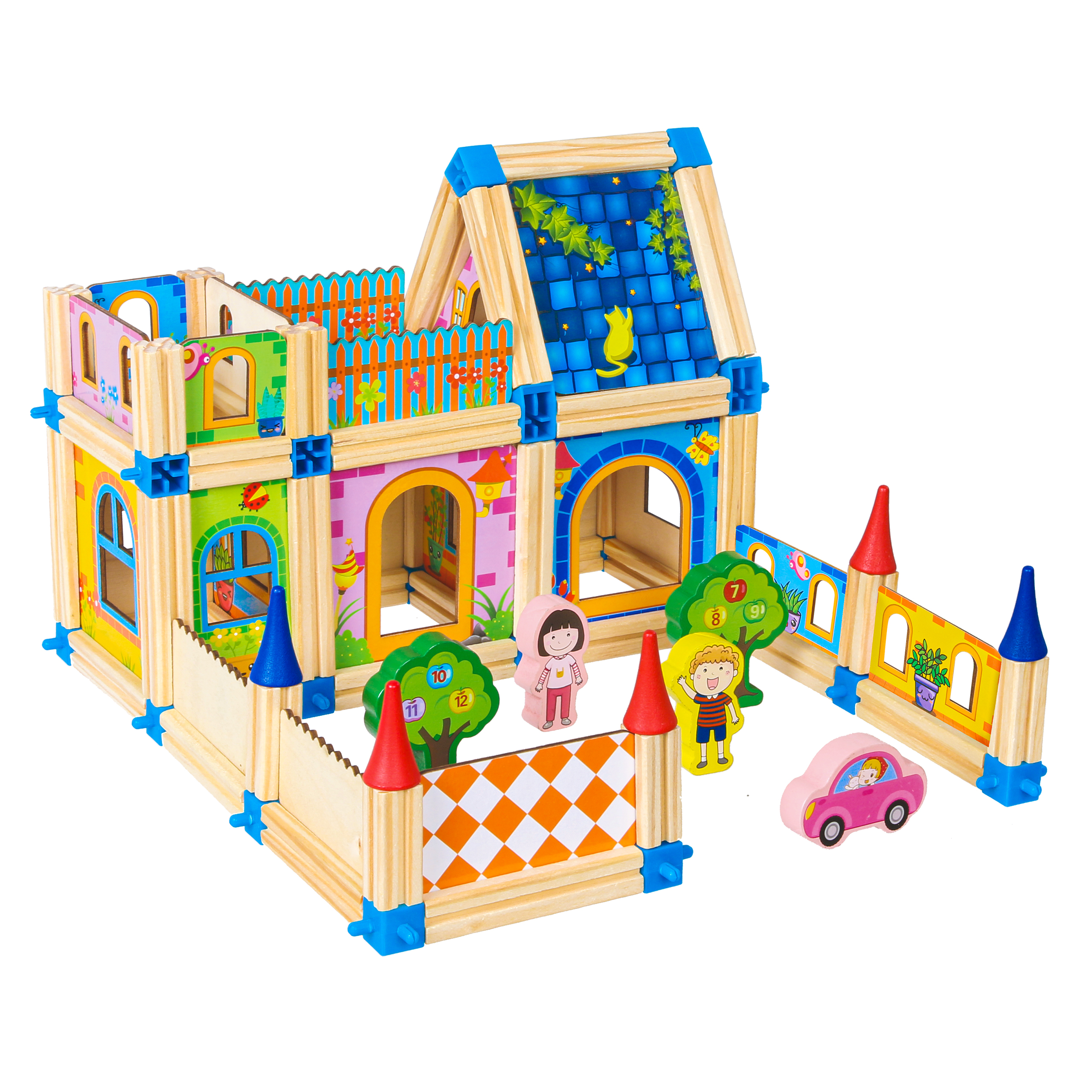 Medinis namo statybos rinkinys ecotoys, 128 vnt.