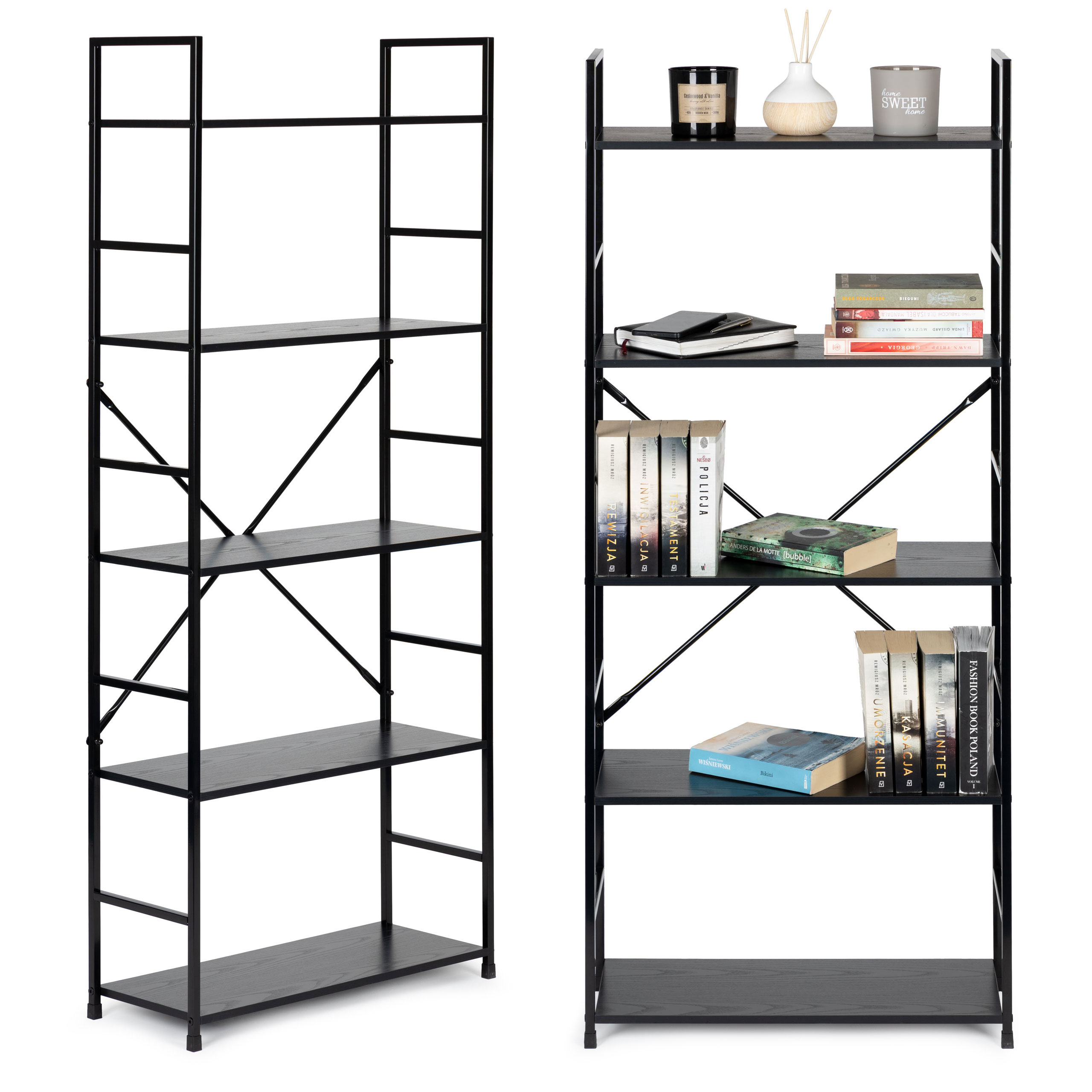 Plati lentyna loft, medinė 5 lentynos, juoda