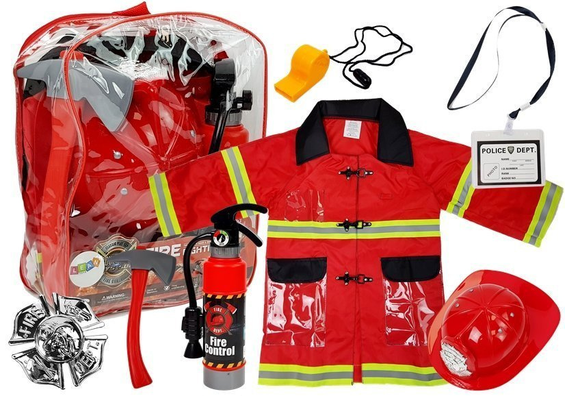 Vaikiškas ugniagesio rinkinys - kostiumas, šalmas, kuprinė, gesintuvas ir kiti priedai
