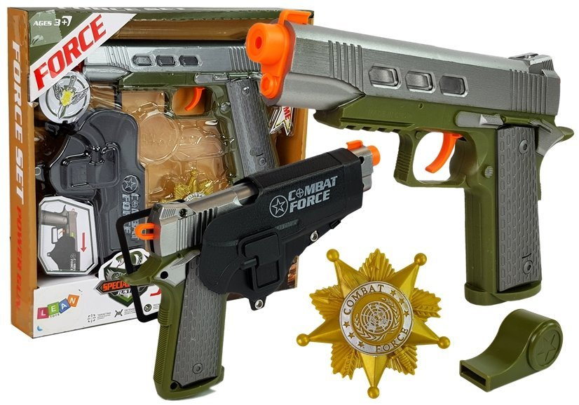 Policijos rinkinys – pistoletas 20 cm, ženklelis, švilpukas, dėklas