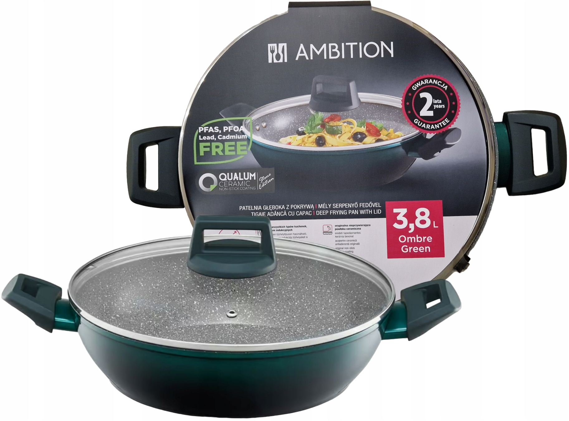 Ambition gili keptuvė su dangčiu Qualum Ceramic Stone Edition Ombre Green, 28 cm