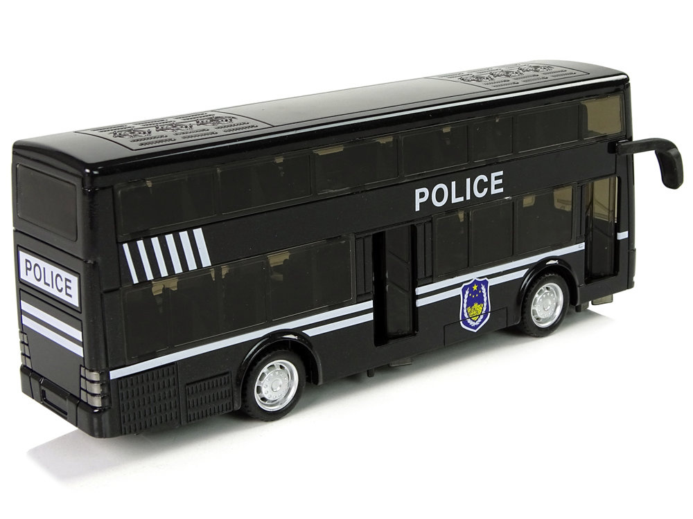 Juodas dviejų aukštų policijos autobusas su garsais ir šviesomis