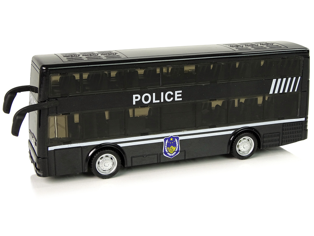 Juodas dviejų aukštų policijos autobusas su garsais ir šviesomis