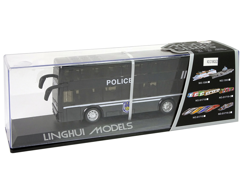 Juodas dviejų aukštų policijos autobusas su garsais ir šviesomis