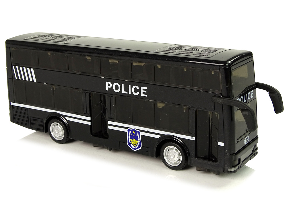Juodas dviejų aukštų policijos autobusas su garsais ir šviesomis