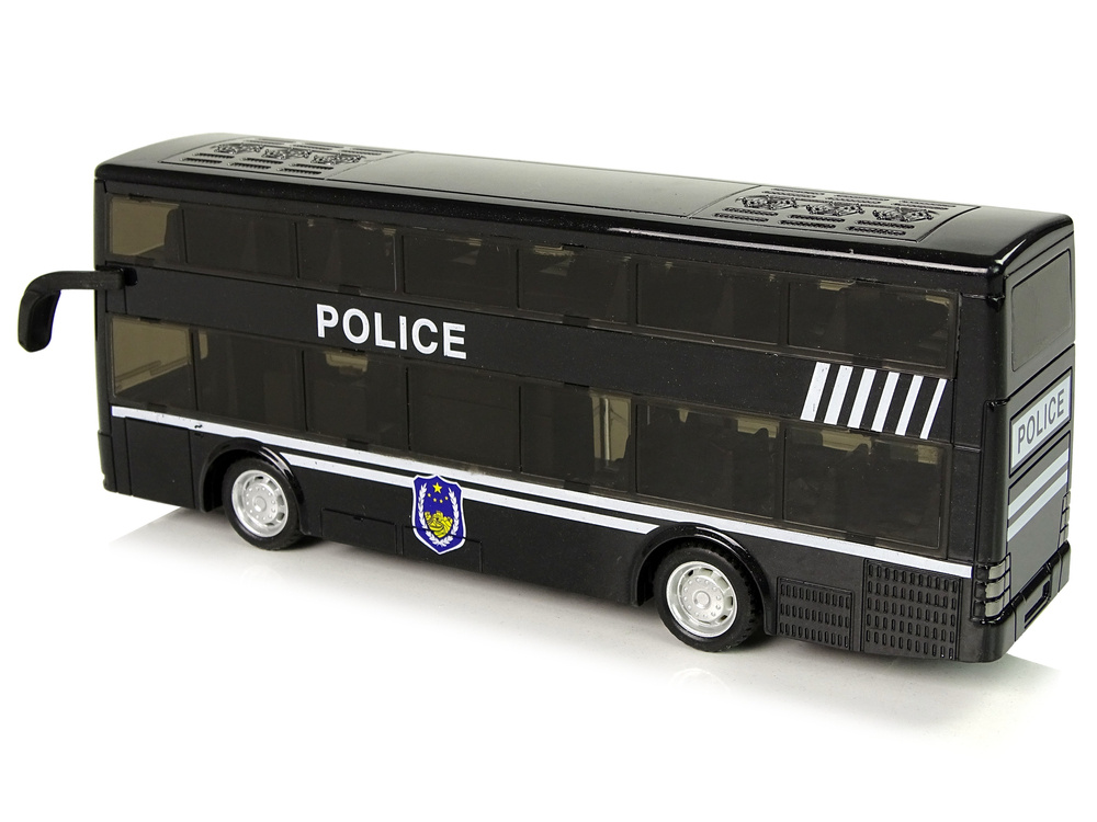 Juodas dviejų aukštų policijos autobusas su garsais ir šviesomis