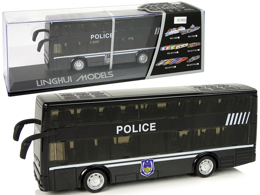 Juodas dviejų aukštų policijos autobusas su garsais ir šviesomis