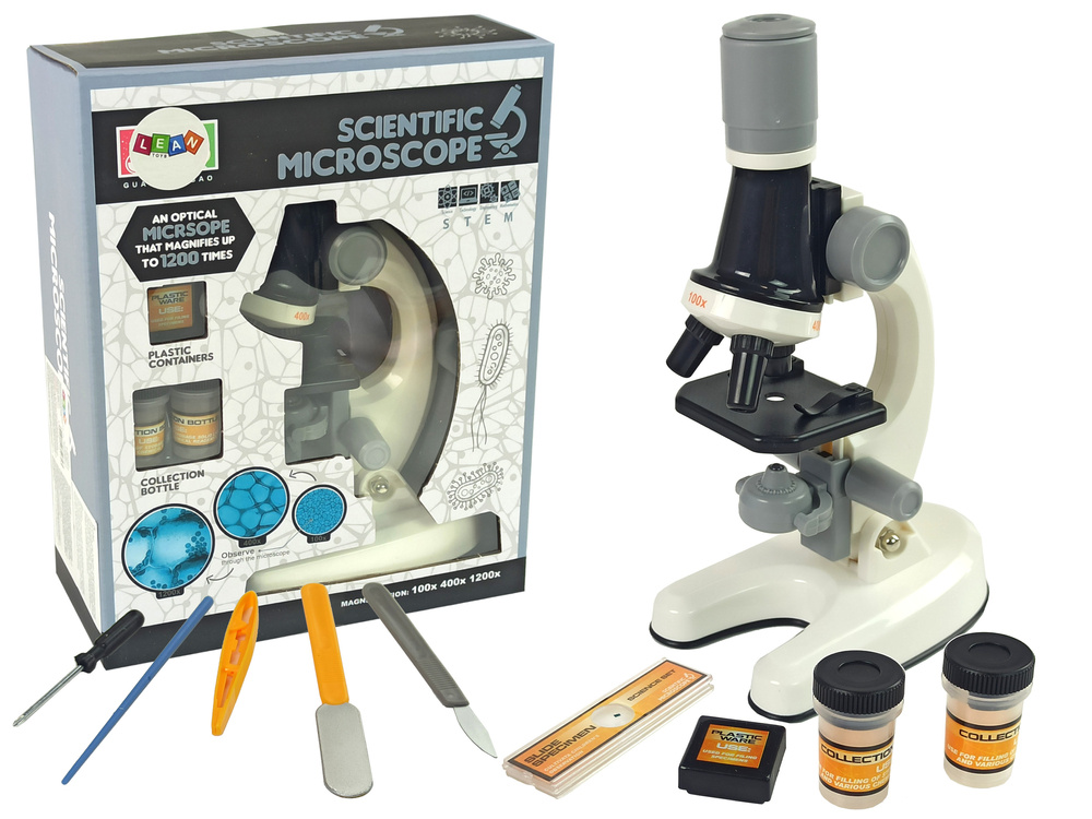 Edukacinis mikroskopas su 100×, 400× ir 1200× didinimu, baltas, 23 × 13 × 8 cm