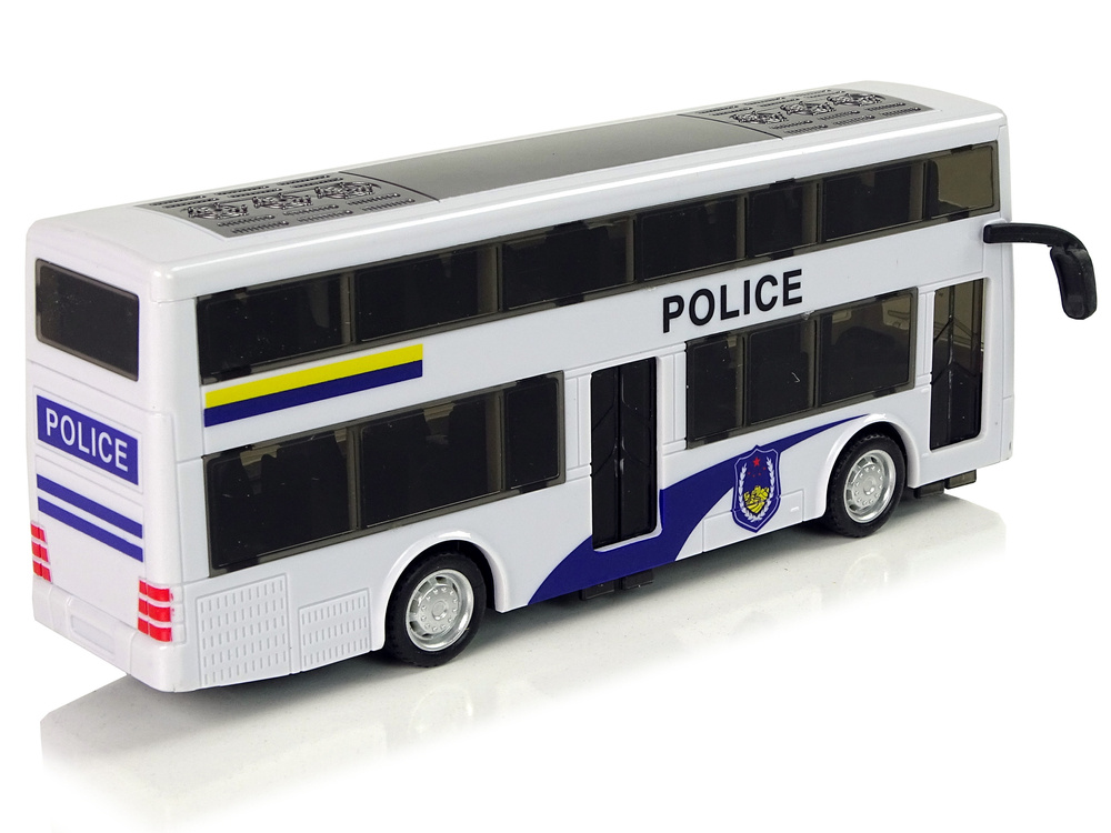 Baltas dviejų aukštų policijos autobusas su šviesos ir garso efektais