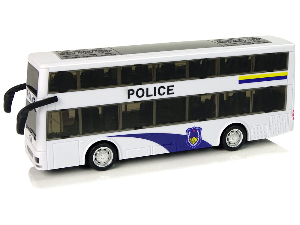 Baltas dviejų aukštų policijos autobusas su šviesos ir garso efektais