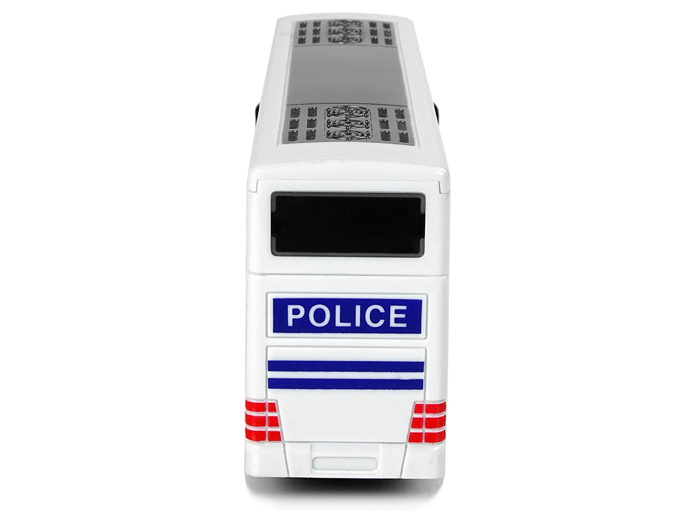 Baltas dviejų aukštų policijos autobusas su šviesos ir garso efektais