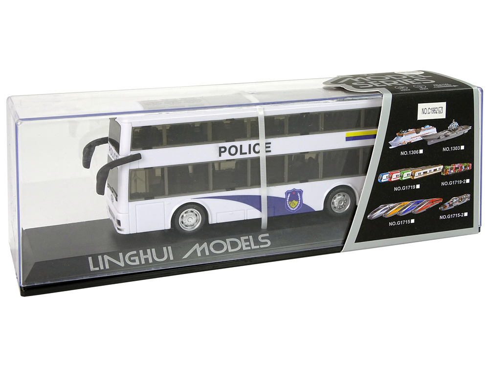 Baltas dviejų aukštų policijos autobusas su šviesos ir garso efektais