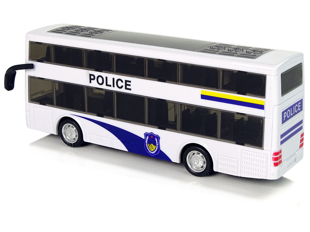 Baltas dviejų aukštų policijos autobusas su šviesos ir garso efektais