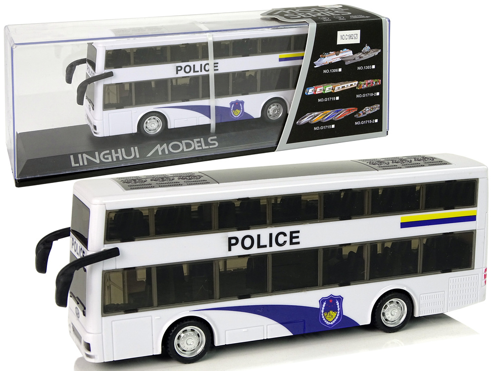 Baltas dviejų aukštų policijos autobusas su šviesos ir garso efektais