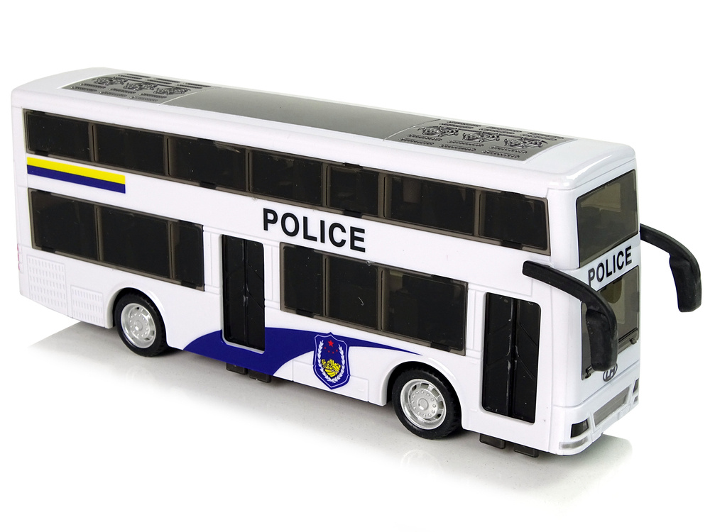 Baltas dviejų aukštų policijos autobusas su šviesos ir garso efektais